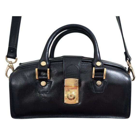 Francesco Rogani Black Leather Structured Handbag Gold Hardware Top Handle - Picture 3 of 16